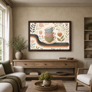 Stacked Teacups and Flowers Folk Still Life Printable Wall Art